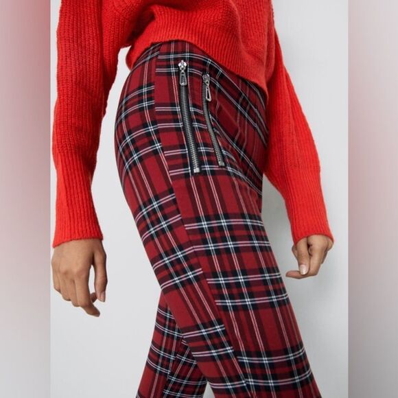 Zara Holiday‎ Red Plaid Mid Rise Stretch Legging Pants, Size Medium NWT - Picture 6 of 16